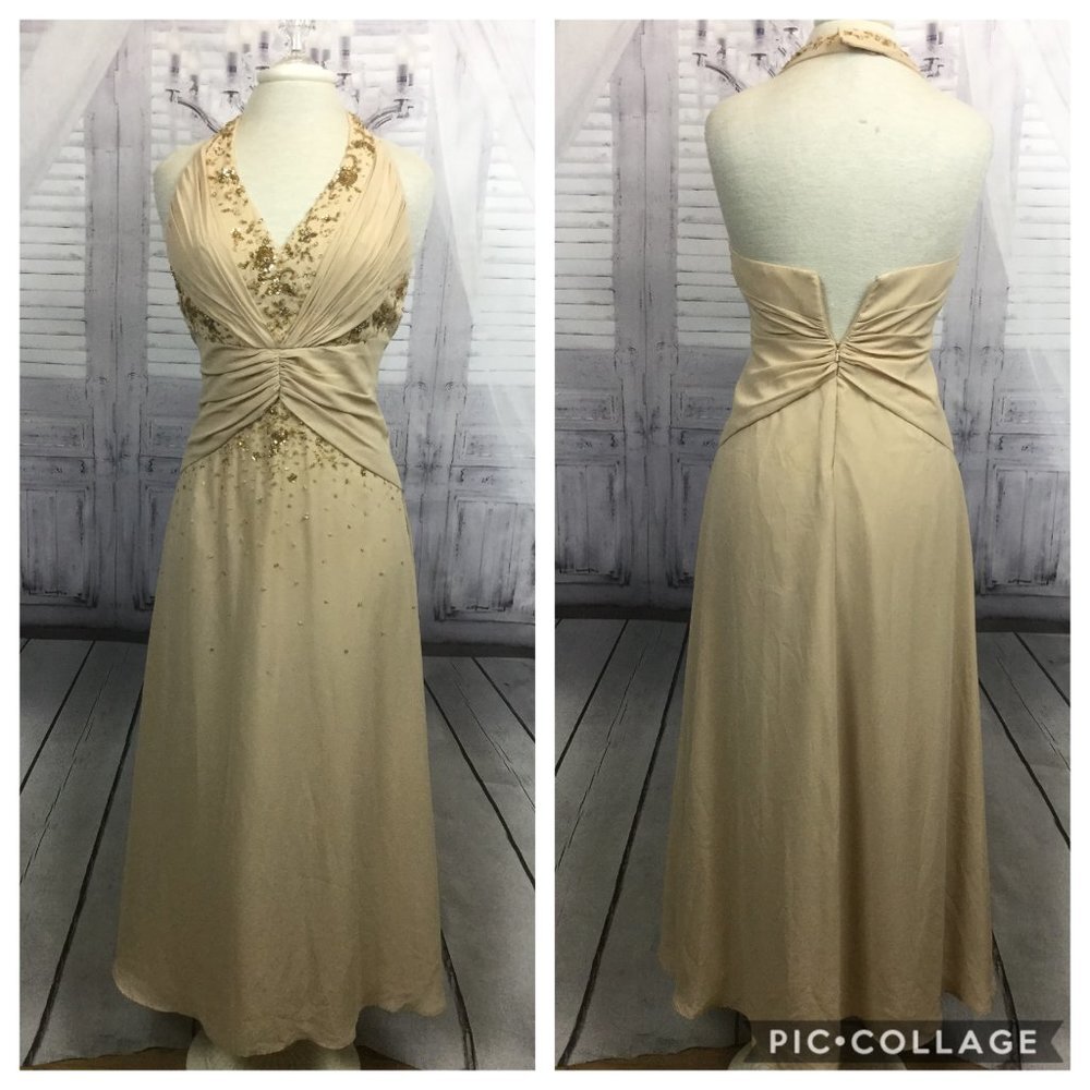 Neblon Beige Dress Hand Beaded Formal Halter S